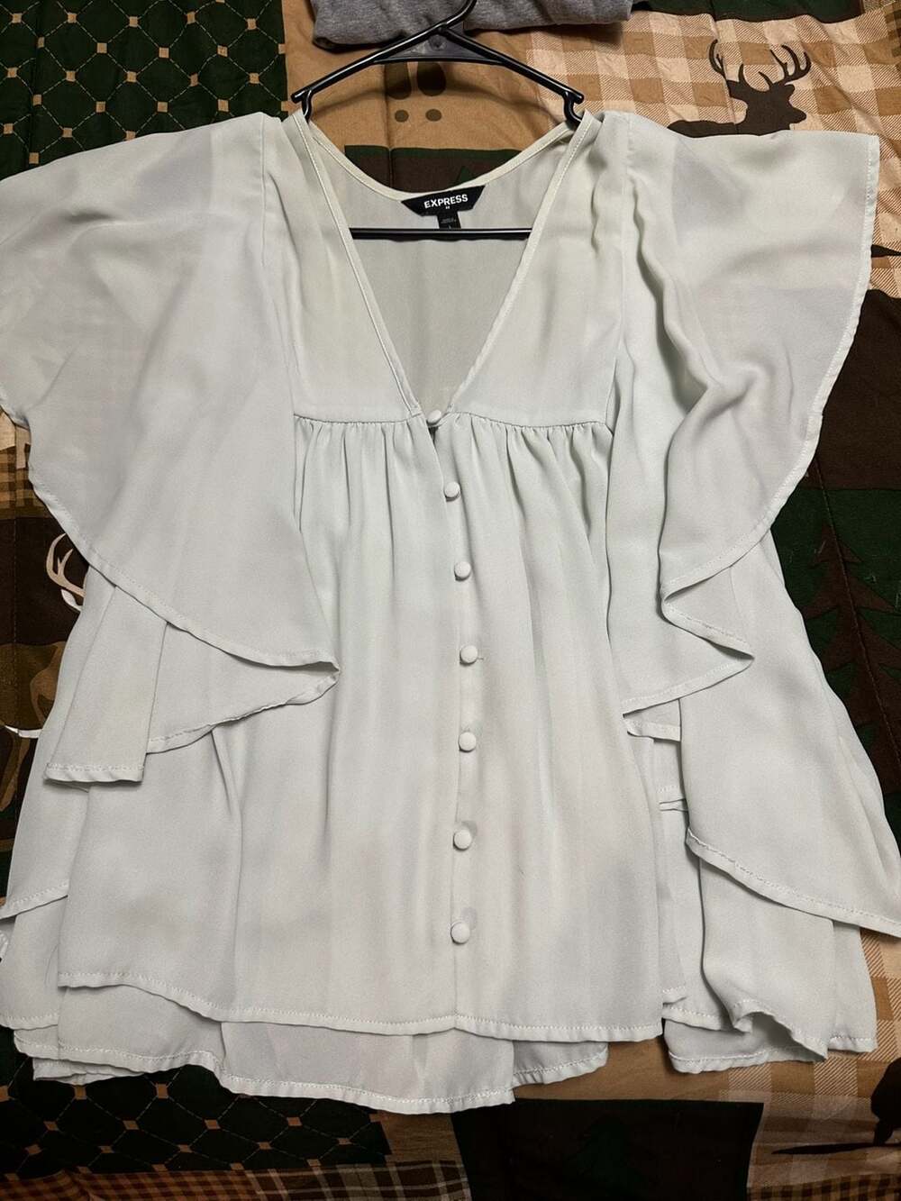 Express V-Neck Button-Front Flutter Sleeve Ruffle Blouse Mint Green large